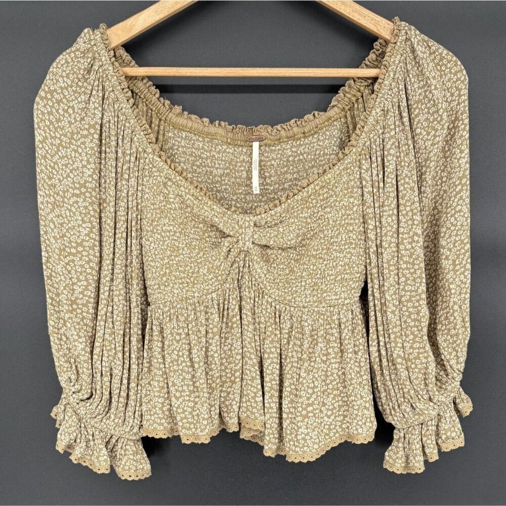 Free People Women's Ditsy Floral Peasant Crop Top XS Olive Green Bohemian Boho